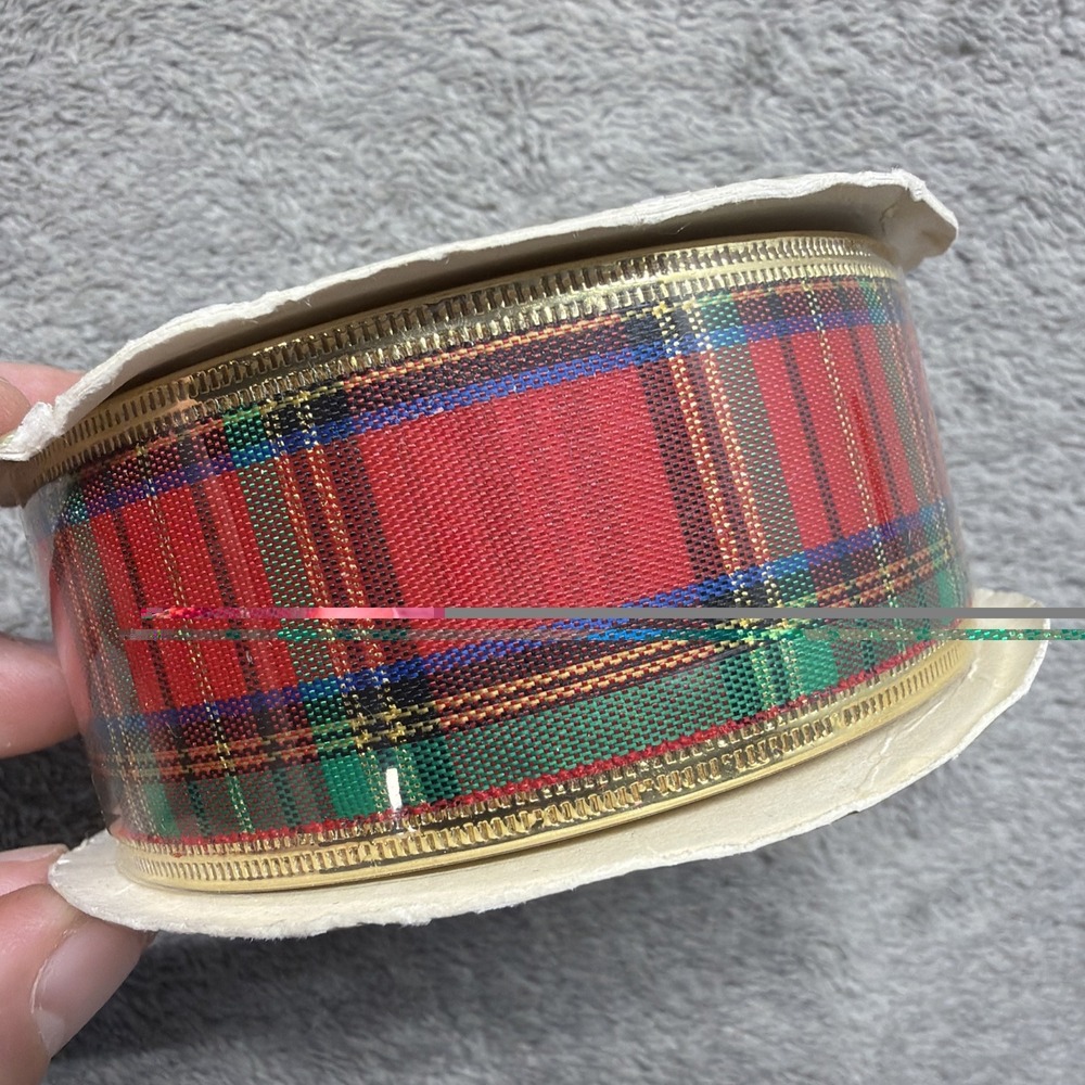VTG Michael's Mega Roll Christmas Plaid Gold Craft Ribbon NOS 1 1/2in X 30ft